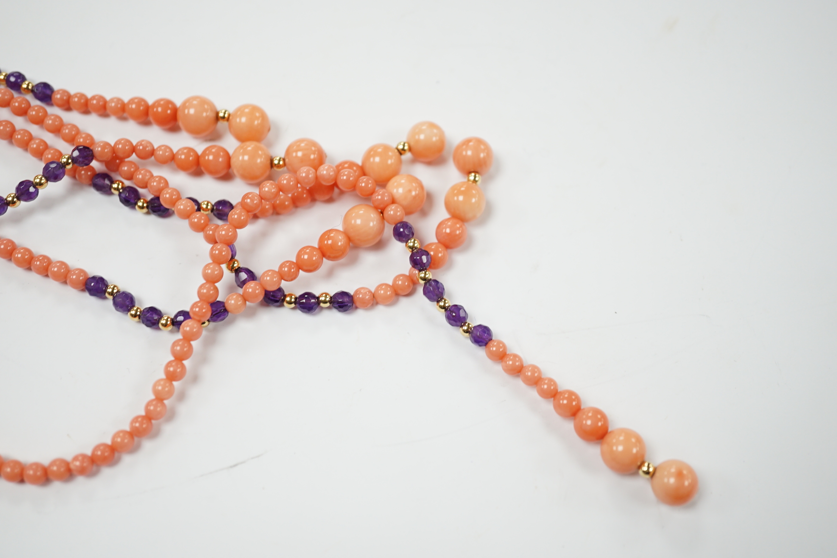 A coral, amethyst and gilt metal soutoir necklace